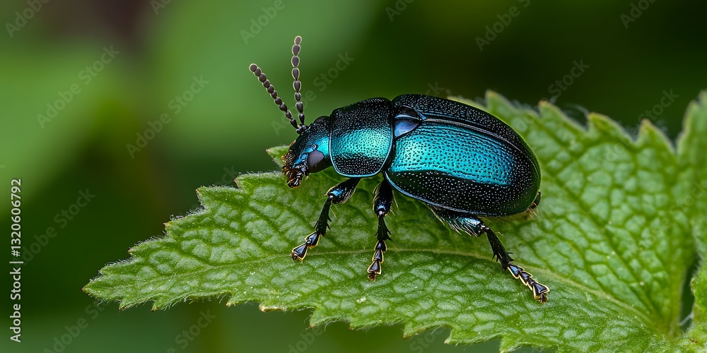 mint leaf beetle with dusky teal body crawling mint leaf beetle with dusky teal body crawling