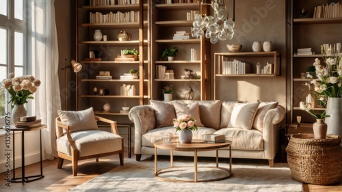 Wallpaper Mural A beautifully designed home interior featuring elegant bookshelves bathed in warm sunlight, creating a cozy and stylish atmosphere. Torontodigital.ca