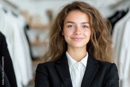Businesswoman showcasing confidence in a boutique surrounded by designer clothing