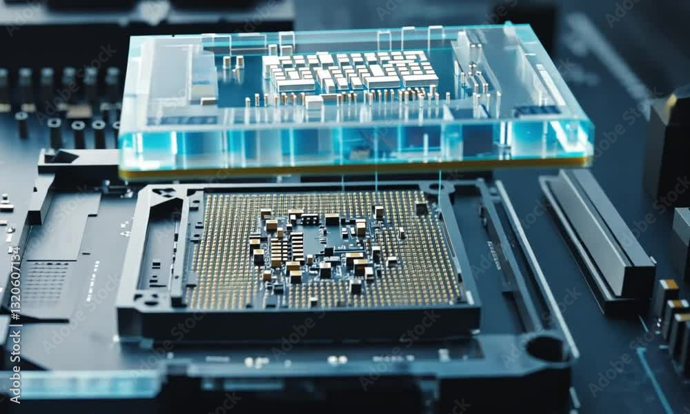 Dynamic Close-up of Futuristic Translucent Processor Connecting with Socket and Motherboard. Next Generation Microchip Activating and Powering System. High Performance GPU Chip in Blue Neon Light Dynamic Close-up of Futuristic Translucent Processor Connecting with Socket and Motherboard. Next Generation Microchip Activating and Powering System. High Performance GPU Chip in Blue Neon Light