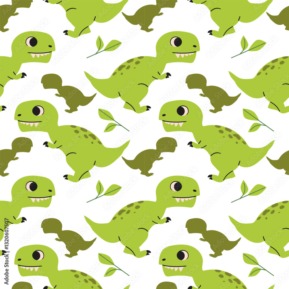 Fototapeta premium Seamless vector pattern with playful dinosaurs . Perfect for kids apparel, wallpapers, and themed designs. Hand drawn cute dinosaur .