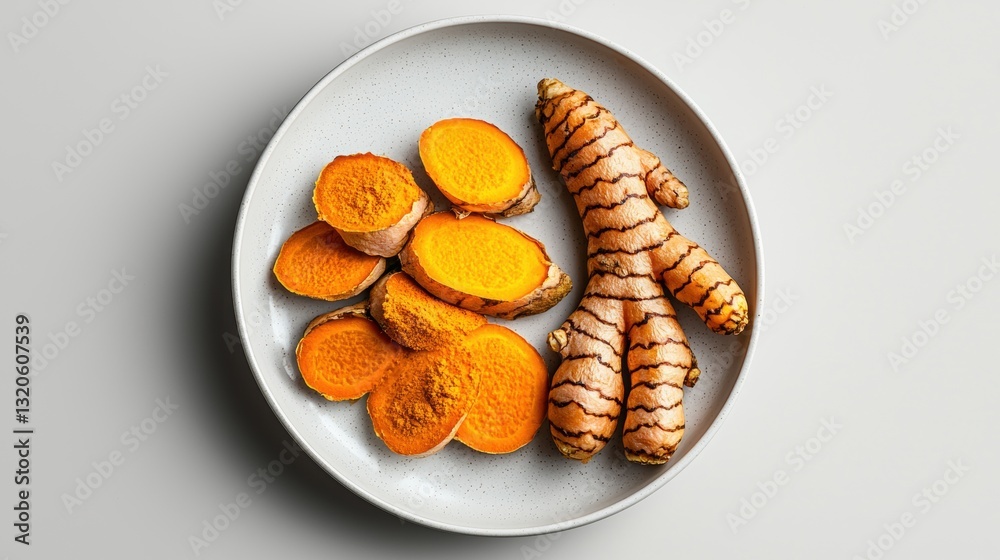 Flat lay of a white plate with a few slices of turmeric on it. the slices are arranged in a circular pattern on the plate, with some of them overlapping each other. Flat lay of a white plate with a few slices of turmeric on it. the slices are arranged in a circular pattern on the plate, with some of them overlapping each other.