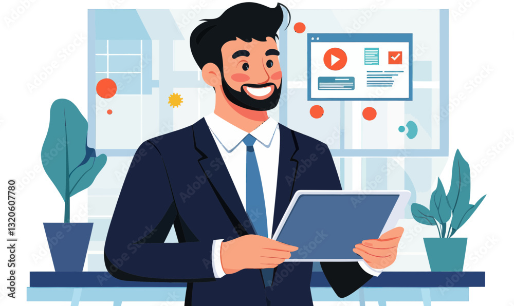 Businessman Engages with Trending Notifications on Tablet in Modern Office Vector Businessman Engages with Trending Notifications on Tablet in Modern Office Vector