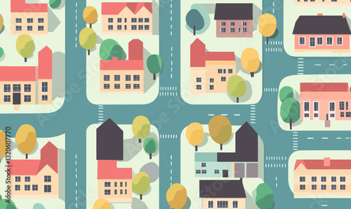 Arial Cityscape Vector Illustration, Top View, Urban Planning Concept, Colorful Buildings and Streets