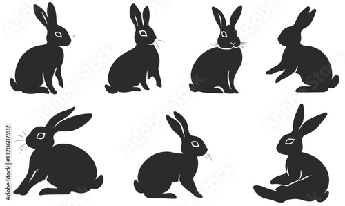 Minimalist Rabbit Silhouettes Vector Set with Various Easter Bunny Poses and Angles