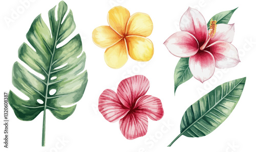 Tropical Flower and Leaf Watercolor Vector Illustration Set for Design Projects