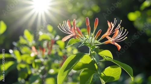 Sunlight filters through fresh green leaves, highlighting bright red honeysuckle berries in a peaceful garden. photo