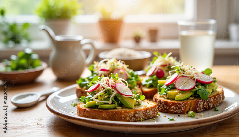 Vibrant avocado toast on rustic plate with gentle morning light, healthy breakfast Vibrant avocado toast on rustic plate with gentle morning light, healthy breakfast