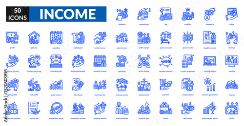 Income blue icon set collection. Payment, pension, royalties, dividend, profit, revenue, economy, banking, monetary