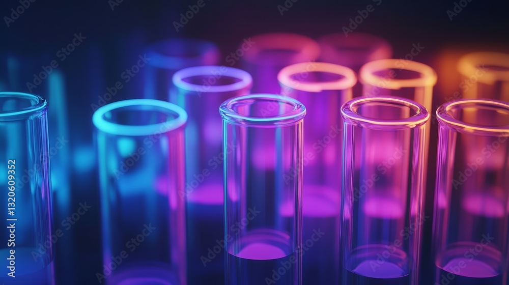 Glowing neon test tubes in dark science lab Glowing neon test tubes in dark science lab