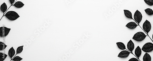 Ink illustration abstract background idea. Elegant black leaves frame a minimalistic white background, perfect for artistic designs.
