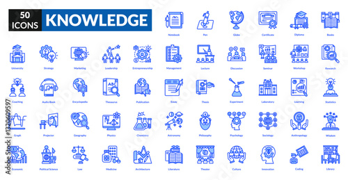 Knowledge blue icon collection set. Includes learning, information, education, wisdom, book, research, idea, brain, understanding, insight, analysis, facts, intellect, study, teaching, book