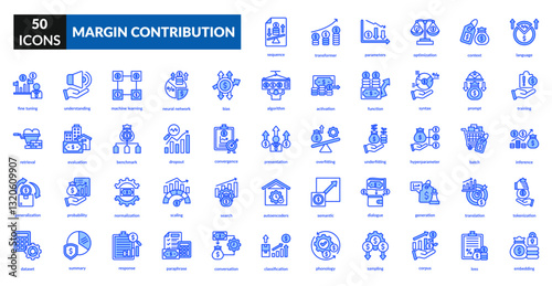 Margin contribution blue icon set collection. budgeting, price, financial planning, cost, analysis, report, growth, investment, money, expenses, pricing, value