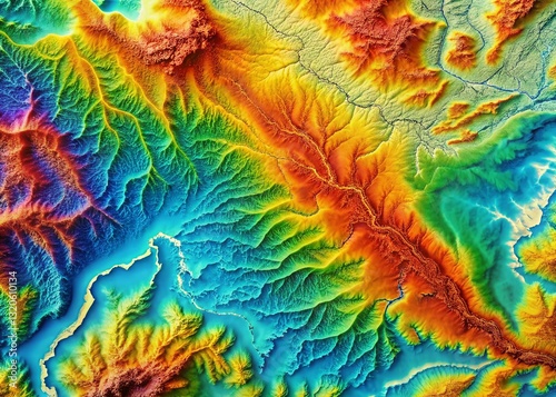 Aerial Topographic Map: Vivid Precipitation Patterns & Elevation Contour Lines
