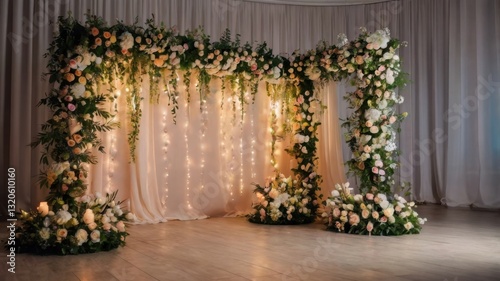 A beautifully decorated photo zone designed for capturing special moments at a wedding or birthday celebration, featuring elegant decor and a festive atmosphere.