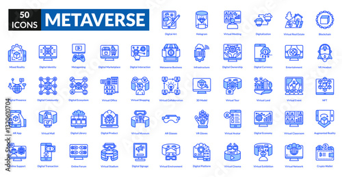 Metaverse blue icon collection set. Includes vr, ar, avatar, blockchain, virtual, reality, headset, nft, cyberspace, immersive, digital, universe, gaming, simulation, interaction