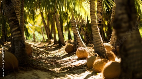 A tropical coconut grove with shadows.