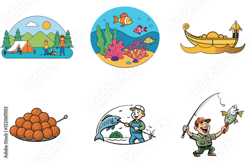 Dramatic ocean sunset Fishing Bundle. a scenic Collection Icons