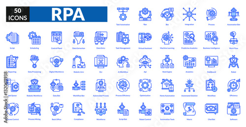 RPA (Robotic Process Automation) blue icon collection set. Includes automation, robot, workflow, technology, process, efficiency, system, artificial intelligence, integration, machine, data, task