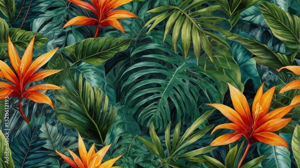 A beautiful artistic representation of tropical trees and lush green leaves, created with a rich oil painting effect for a textured and vibrant look A beautiful artistic representation of tropical trees and lush green leaves, created with a rich oil painting effect for a textured and vibrant look