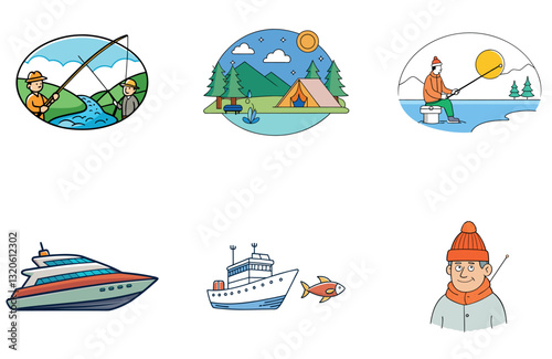Sunrise Serene Lake Fishing Bundle. A Family Camping Trip Collection Icons