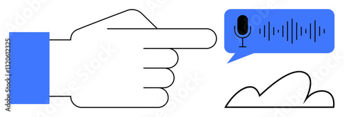 Hand pointing at microphone and sound wave in speech bubble, symbolizing voice input or AI interaction. Ideal for technology, AI, smart devices, chatbots, apps, communication innovation. Flat simple