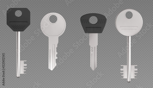 Realistic key collection on transparent background. Set of metal locking devices with different head shapes and teeth patterns in black and grey. Security objects for door locks, safes or access.