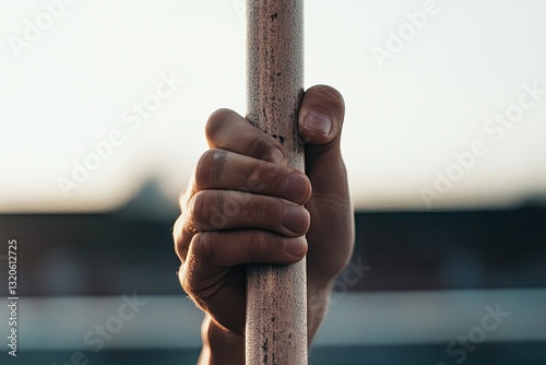 portrait of pole vaulter standing tall gripping fiberglass pole with both hands