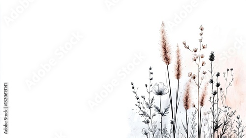 Floral illustration abstract background idea. A delicate composition of various wildflowers against a soft, minimalist background.