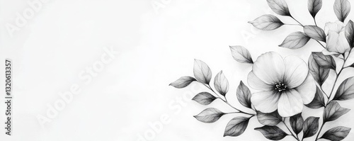 Ink illustration abstract background idea. Elegant monochrome illustration of a flower and leaves on a white background.