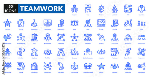 Teamwork blue icon collection set. Includes collaboration, unity, support, synergy, partnership, group, coordination, leadership, goal, strategy, communication, trust, effort, planning, success