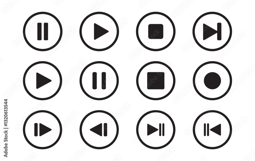 media player button icons. Play and pause buttons, video audio player, player button set. Vector Eps 10 media player button icons. Play and pause buttons, video audio player, player button set. Vector Eps 10