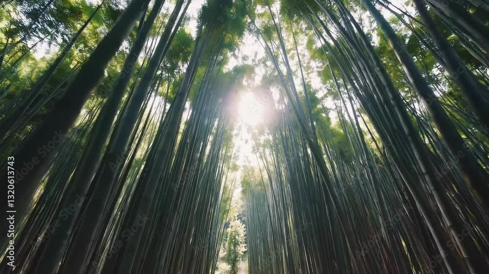 Sunlit bamboo grove with gently swaying leaves and shifting light patterns in a serene forest Sunlit bamboo grove with gently swaying leaves and shifting light patterns in a serene forest