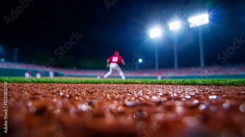 Captured from a distant upper-level seat, baseball players in action, colorful crowd cheering, field glowing under floodlights, perfect clarity, dynamic composition