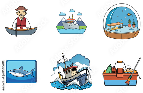 Calm water vibrant sunset Bundle Fishing Collection Icons