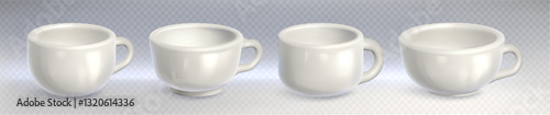 White coffee cup mockups set isolated on transparent background. Vector realistic illustration of empty ceramic mug with handle, cafe or restaurant container for hot beverages, porcelain dishware