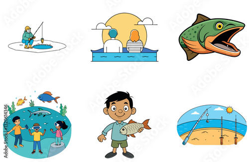 Sunny Day Fishing Bundle. Relaxing Ocean Collection Icons