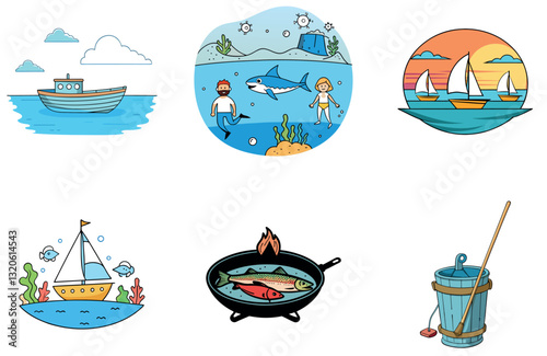 Ocean Bundle. Fishing Adventure Collection Icons