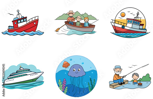 Colorful Bundle. Ocean Fishing Adventure Collection Icons