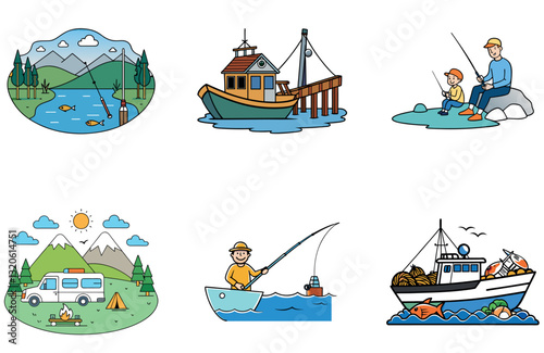 Rugged outdoor Bundle. Fishing Adventure Collection Icons
