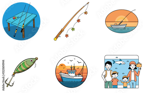Tranquil Lake Sunrise Fishing Bundle. Autumn Colors Collection Icons