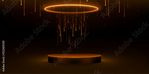 Black luxury podium with golden round spotlight glow from above. Shimmering light rays, sparkles falling on dark background. Premium showcase, elegant stage for product presentation or award ceremony.