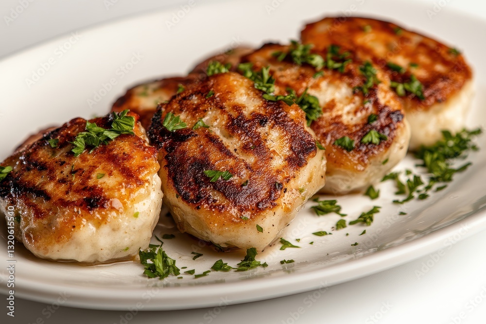 Grilled Fish Cakes with Fresh Herbs Garnish on a White Plate Grilled Fish Cakes with Fresh Herbs Garnish on a White Plate