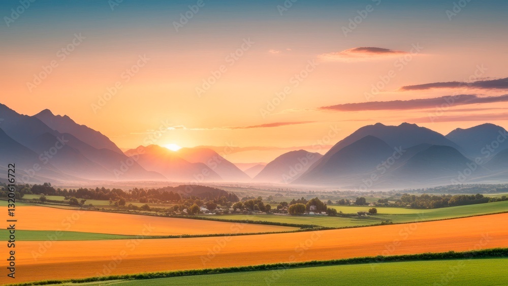 Vibrant Sunset Farmland with Majestic Mountains Vibrant Sunset Farmland with Majestic Mountains