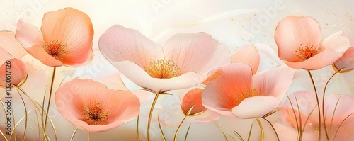 Floral illustration abstract background idea. Delicate pink flowers bloom softly in a serene and elegant landscape.