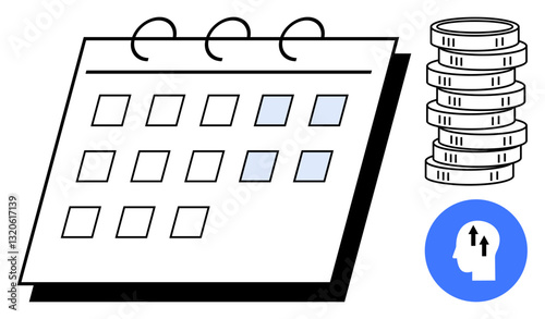 Calendar page with marked dates, stacked coins, and brain icon featuring upward arrows. Ideal for finance, planning, investment, savings, time management strategy budgeting. Flat simple metaphor