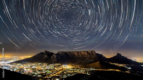A breathtaking nighttime view of Table Mountain, captured with a long exposure to reveal mesmerizing star trails in the sky.