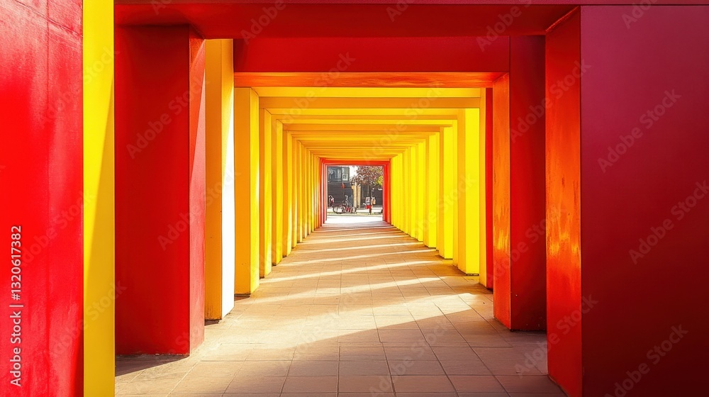 Vibrant red and yellow cube structures form a tunnel-like archway, leading to a bright empty background. Vibrant red and yellow cube structures form a tunnel-like archway, leading to a bright empty background.