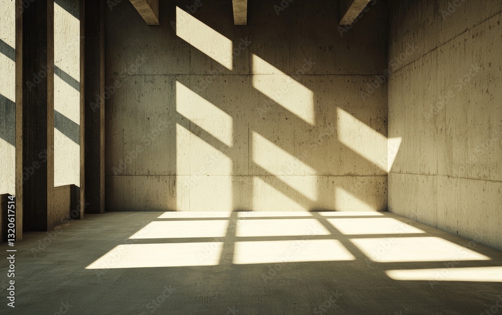 Obraz premium Sunlit Empty Concrete Room Interior. Warm light streams through large windows, casting diagonal shadows on the textured walls and floor. Minimalist architecture, industrial-style space
