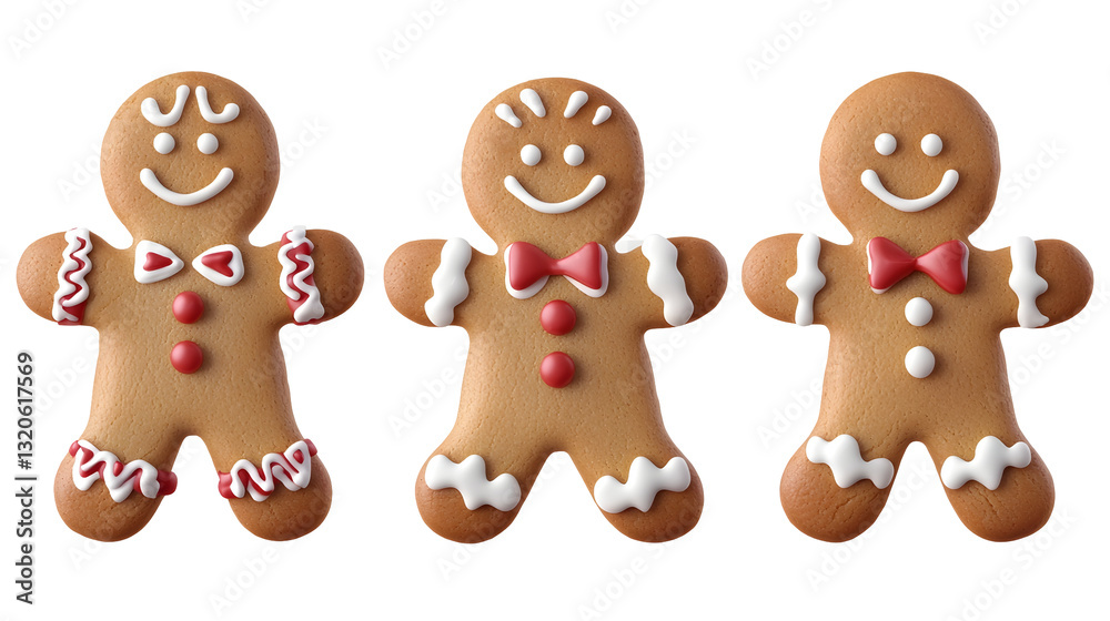 A charming set of gingerbread men cookies adorned with classic holiday including white frosting outlines and cheerful candy features  isolated on a transparent background